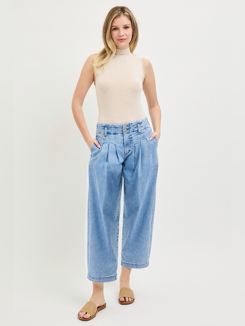 🩵 RISEN Slouchy Crop Barrel Pleated Jeans- medium wash - Picture 7 of 10